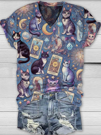 Unisex Tarot Card Divination Pattern Casual V-Neck Short Sleeve T-Shirt