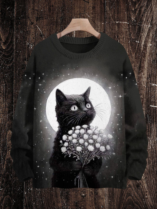 Cat Print Unisex Crew Neck Long Sleeve Knit Sweater