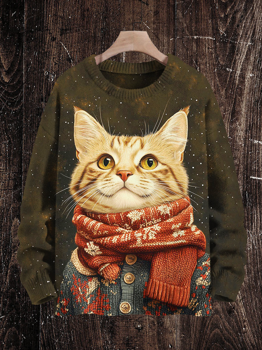 Christmas Cat Print Unisex Crew Neck Long Sleeve Knit Sweater