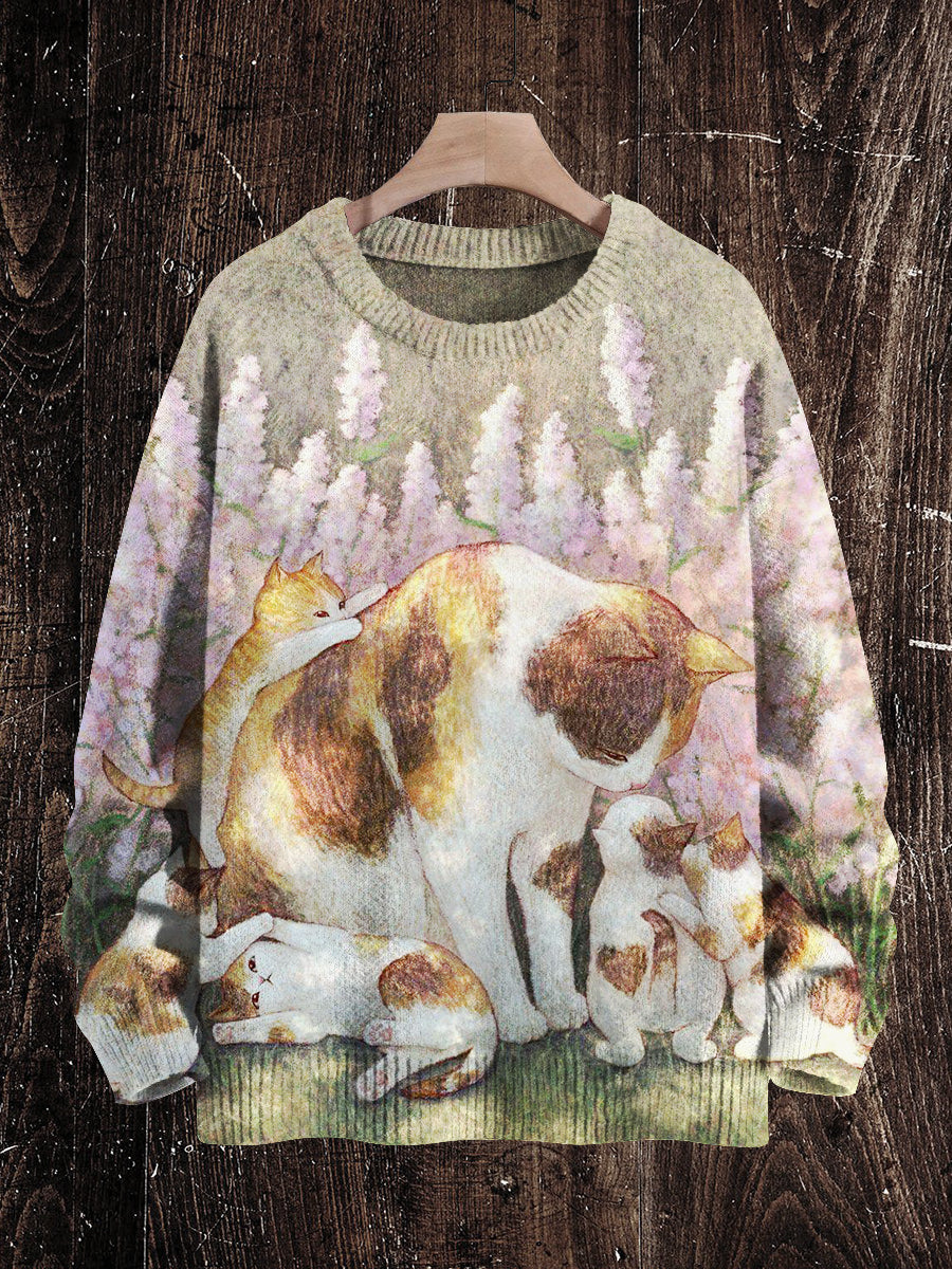 Vintage Cat Print Unisex Crew Neck Long Sleeve Knit Sweater