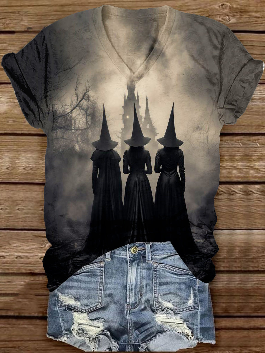 Witch Art Print Unisex V-Neck Short Sleeve Casual T-Shirt