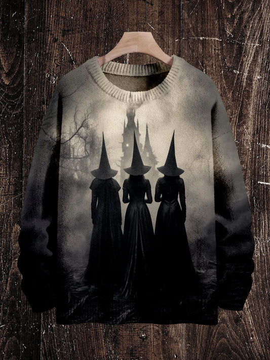 Witch Print Unisex Crew Neck Long Sleeve Knitted Sweater