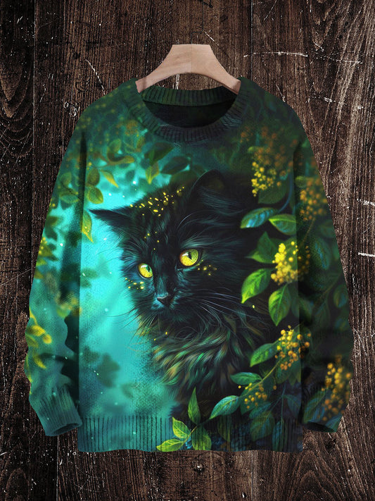 Cat Print Unisex Crew Neck Long Sleeve Knit Sweater