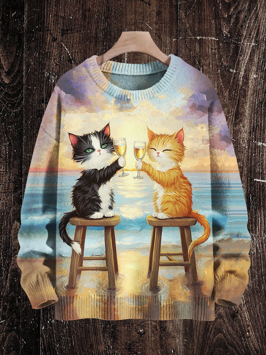 Cat Print Unisex Crew Neck Long Sleeve Knit Sweater