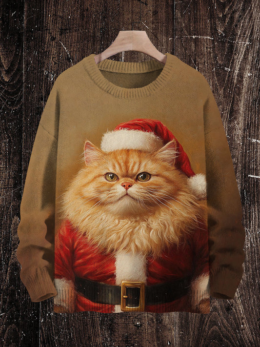 Santa Cat Print Unisex Crew Neck Long Sleeve Knit Sweater