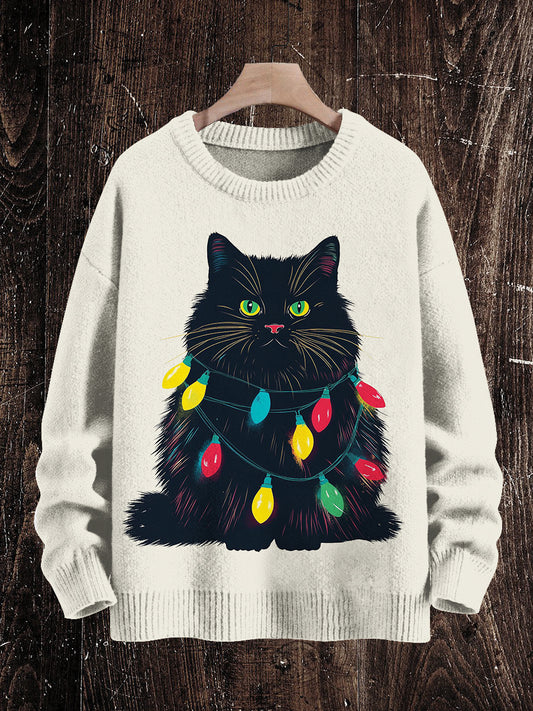 Christmas Cat Lantern Print Unisex Crew Neck Long Sleeve Knit Sweater