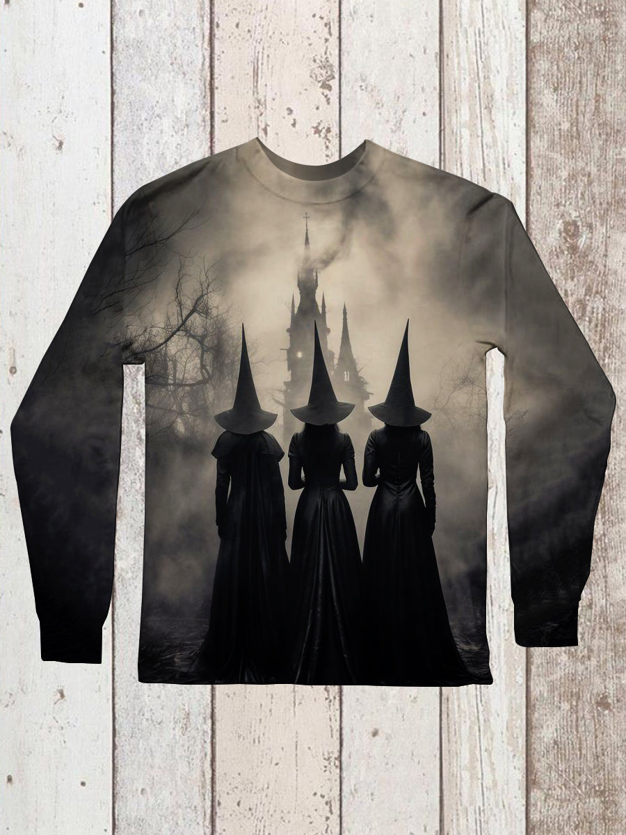 Witch Art Print Unisex Round Neck Long Sleeve Casual T-Shirt