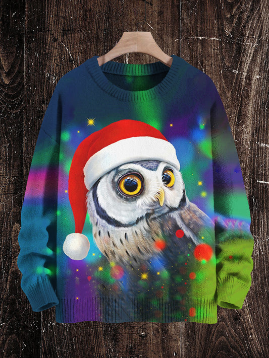 Christmas Owl Print Unisex Crew Neck Long Sleeve Knit Sweater