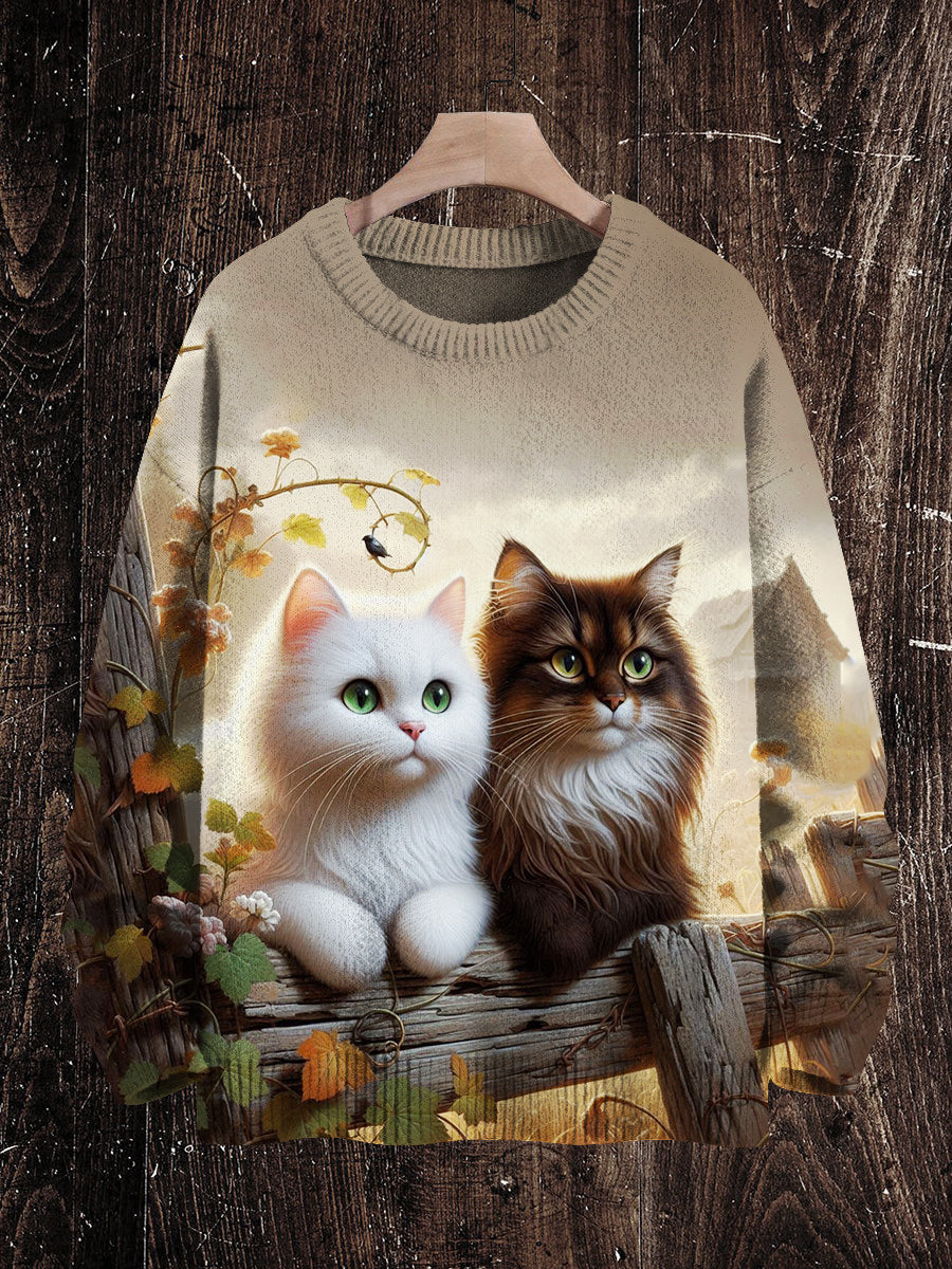 Vintage Cat Print Unisex Crew Neck Long Sleeve Knit Sweater