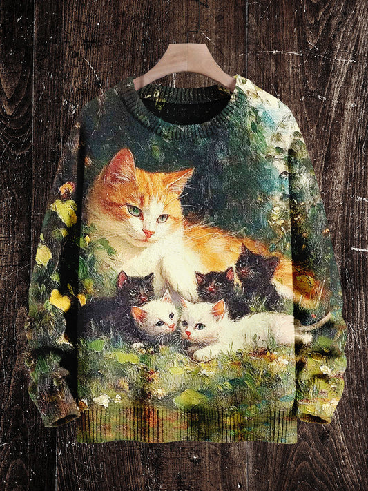 Vintage Cat Print Unisex Crew Neck Long Sleeve Knit Sweater