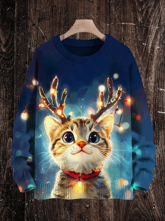 Christmas Cat Print Unisex Crew Neck Long Sleeve Knit Sweater