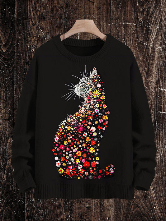 Vintage Cat Print Unisex Crew Neck Long Sleeve Knit Sweater