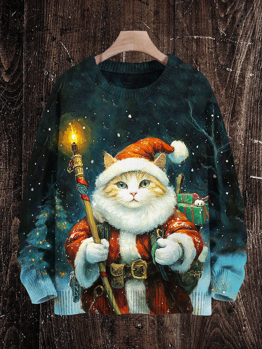 Christmas Cat Print Unisex Crew Neck Long Sleeve Knit Sweater