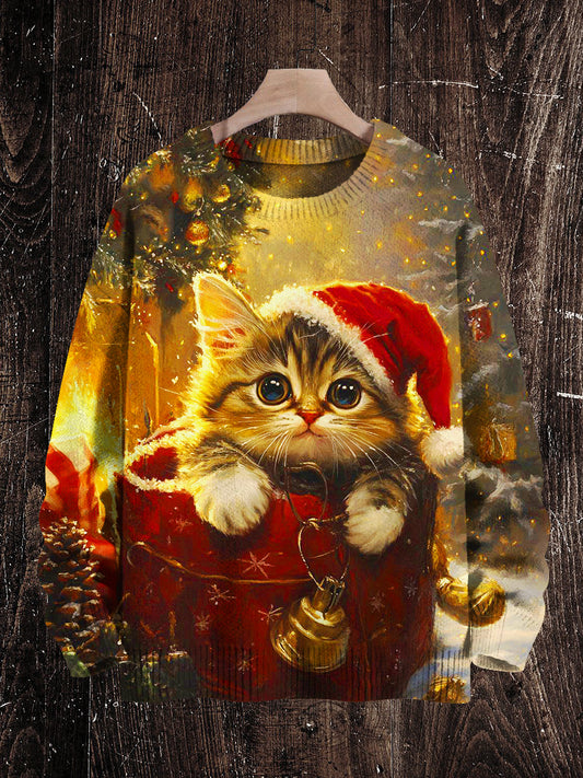 Christmas Cat Print Unisex Crew Neck Long Sleeve Knit Sweater