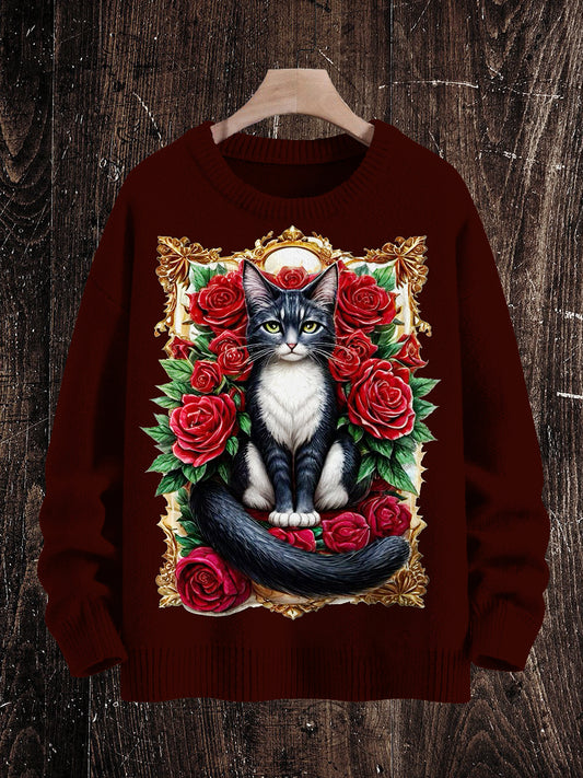 Vintage Cat Print Unisex Crew Neck Long Sleeve Knit Sweater