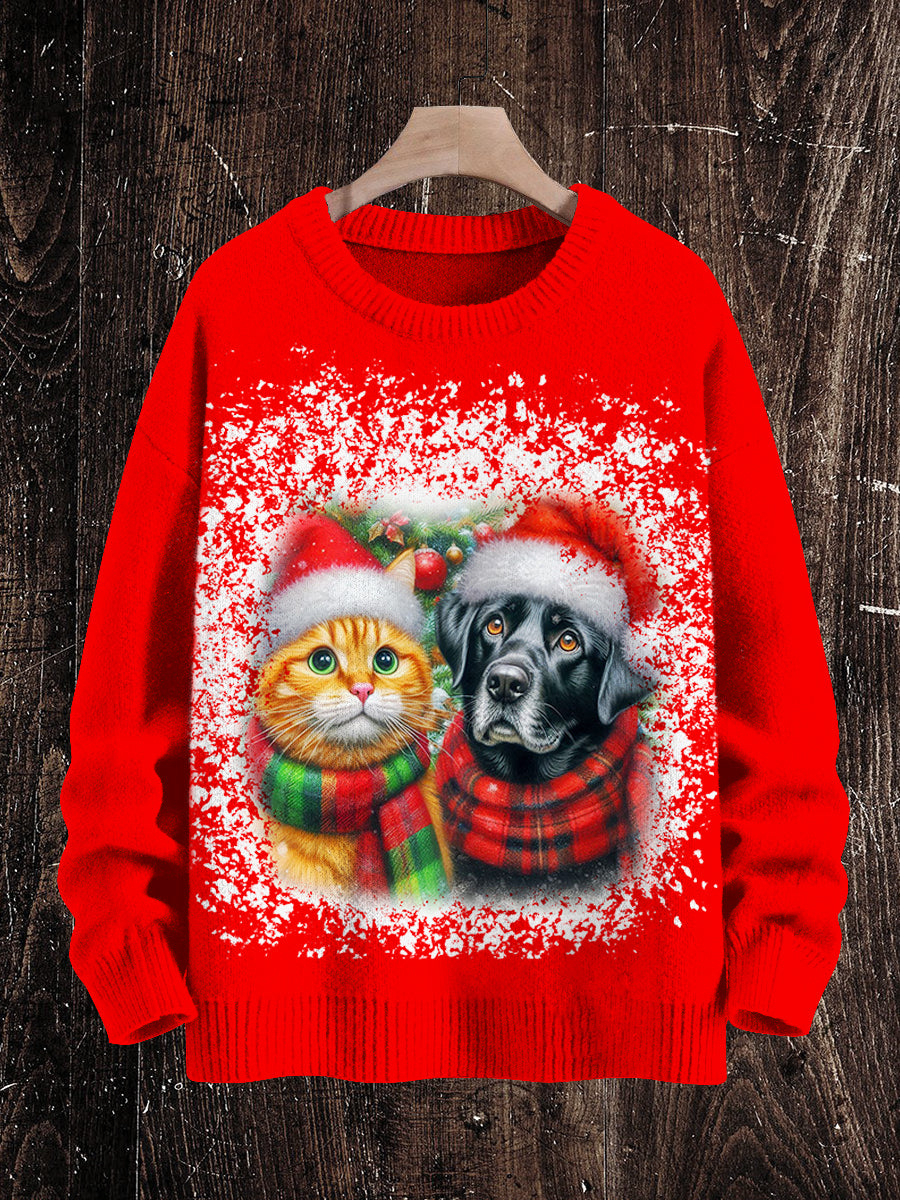 Christmas Cat and Dog Print Unisex Crew Neck Long Sleeve Knit Sweater