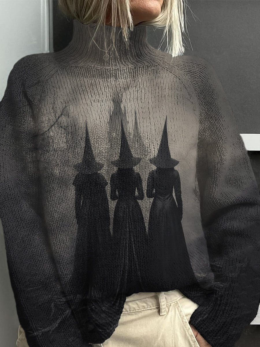 Women's Vintage Witch Art Print Knit Turtleneck Sweater