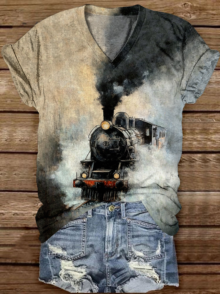 Retro Oil Painting Steam Train Art Print V-Neck Short-Sleeved Casual T-Shirt