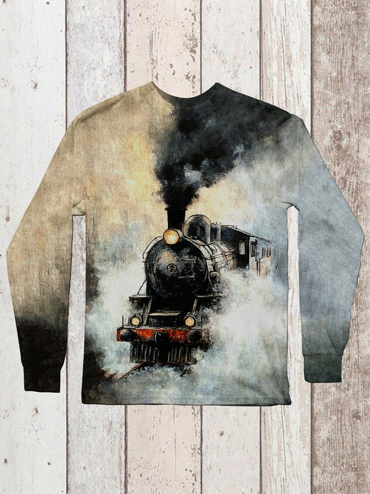 Retro Oil Painting Steam Train Print Unisex Round Neck Long Sleeve Casual T-Shirt