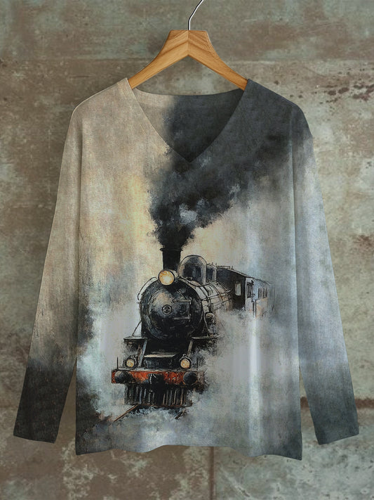 Retro Oil Painting Steam Train Print Unisex V-Neck Long Sleeve Casual Sweatshirt