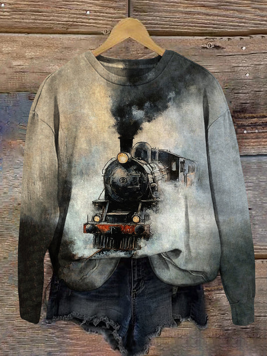 Retro Oil Painting Steam Train Print Unisex Round Neck Long Sleeve Casual Sweatshirt