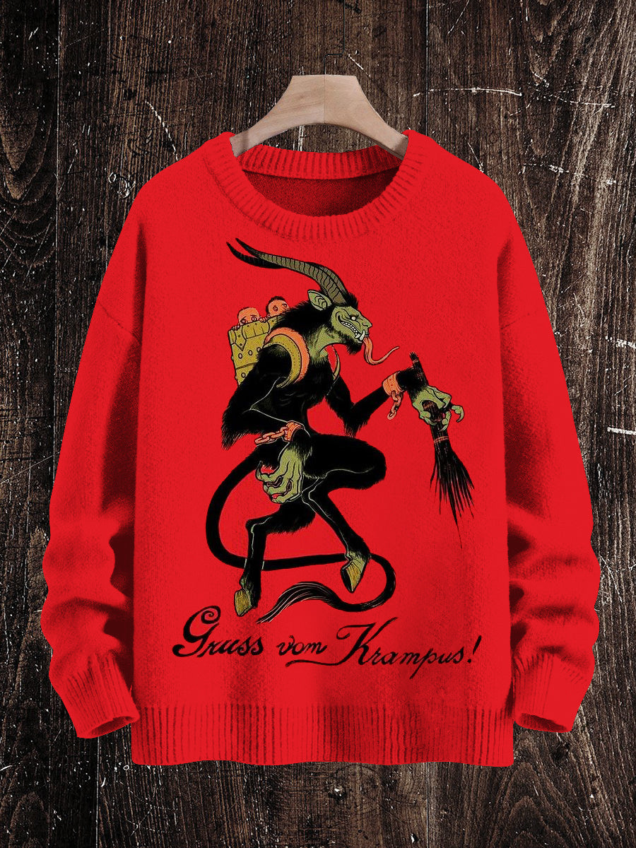 Krampus Christmas Ghost Print Unisex Crew Neck Long Sleeve Knit Sweater