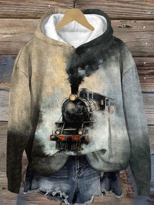 Retro Oil Painting Steam Train Print Unisex Long Sleeve Casual Hooded Sweatshirt