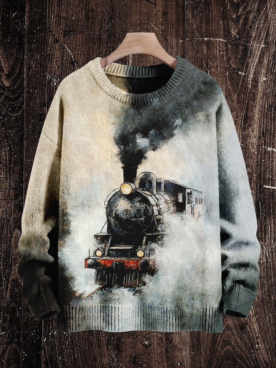 Retro Oil Painting Steam Train Print Unisex Round Neck Long Sleeve Casual Knitted Sweater