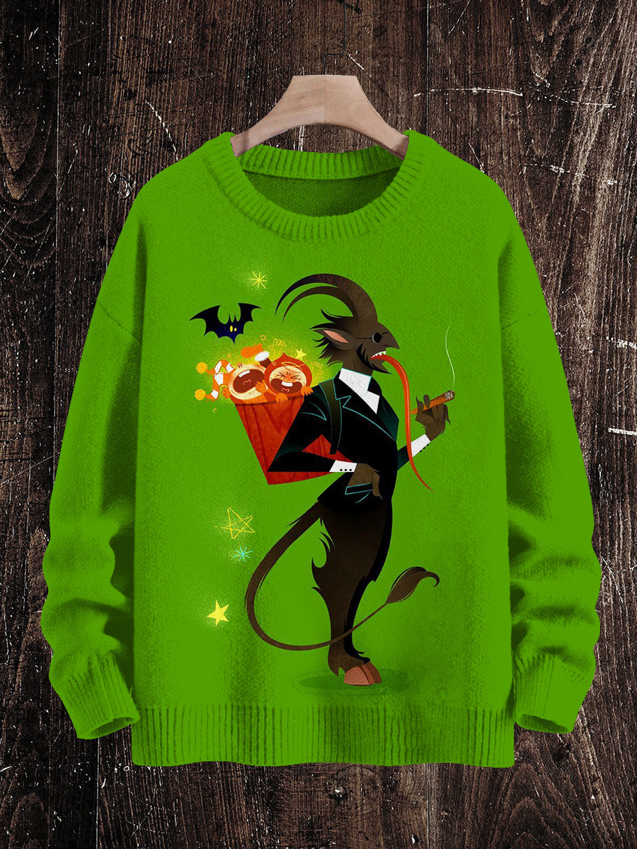 Krampus Christmas Ghost Print Unisex Crew Neck Long Sleeve Knit Sweater