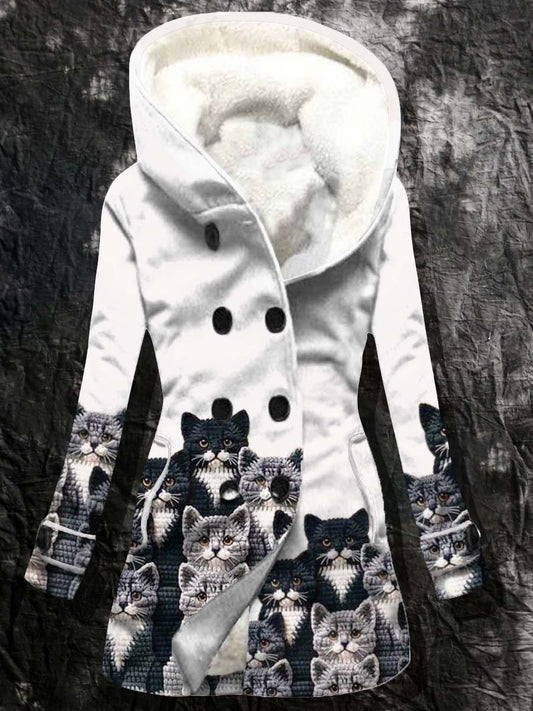 Women's Cat Pattern Casual Hooded Plush Outerwear