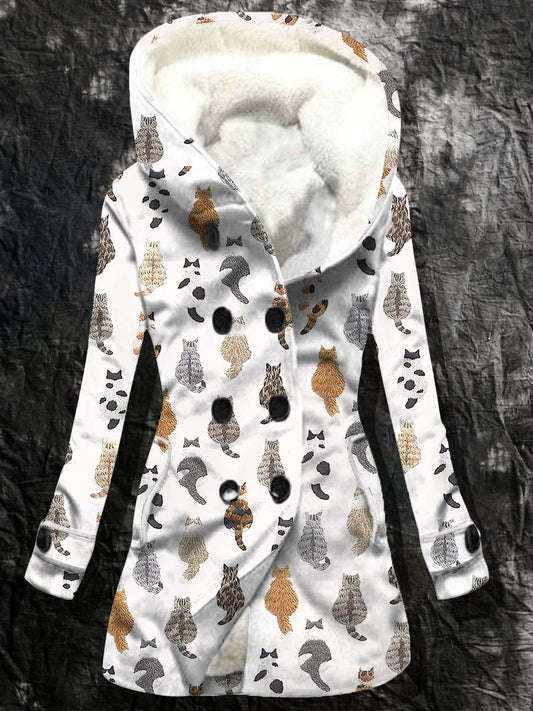 Women's Cat Pattern Casual Hooded Plush Outerwear