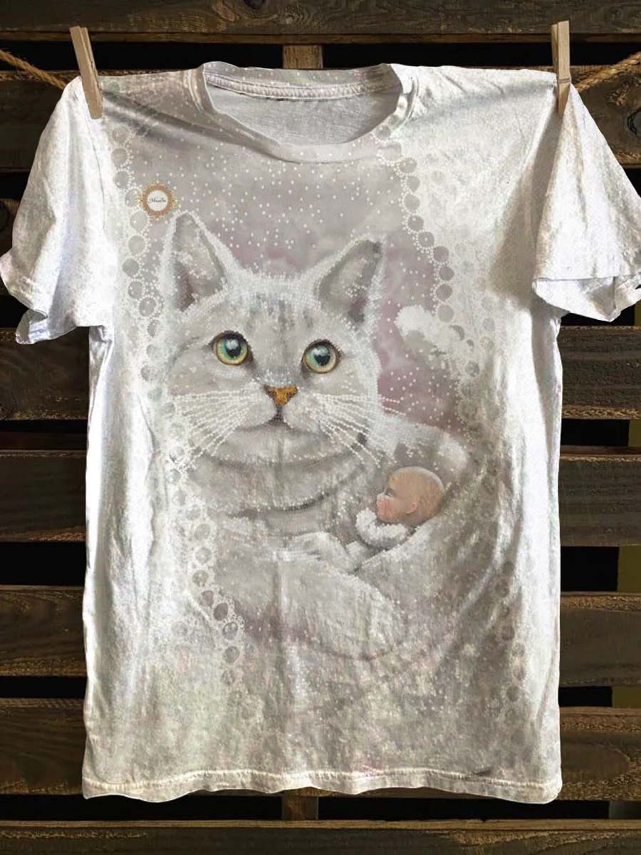 Unisex Cat Baby Pattern Casual Round Neck Short Sleeve T-Shirt