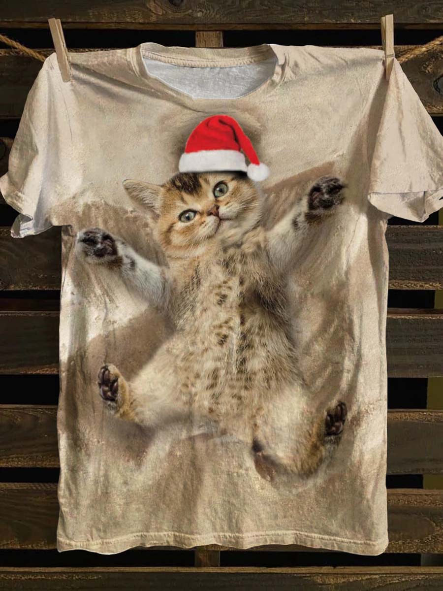 Unisex Fun Christmas Cat Pattern Casual Round Neck Short Sleeve T-shirt