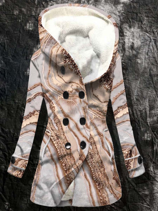 Women's Marble Pattern Casual Hooded Plush Outerwear