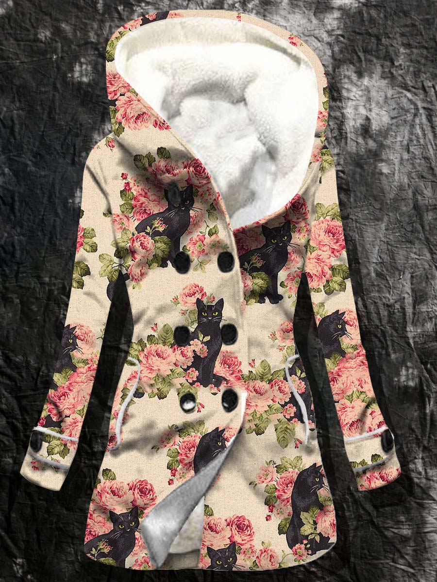 Women's Retro Cat Floral Pattern Casual Hooded Plush Outerwear