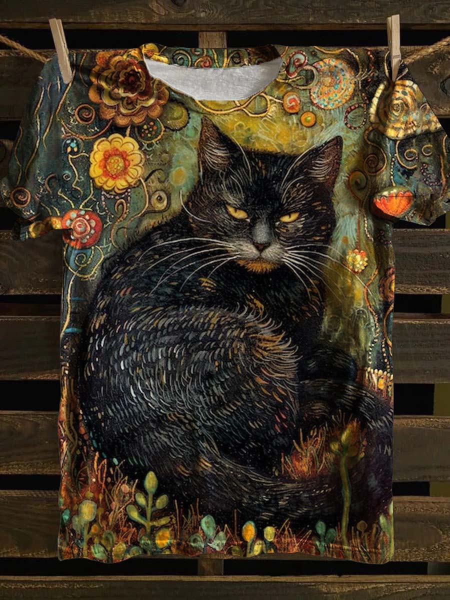 Unisex Black Cat Floral Pattern Casual Round Neck Short Sleeve T-shirt