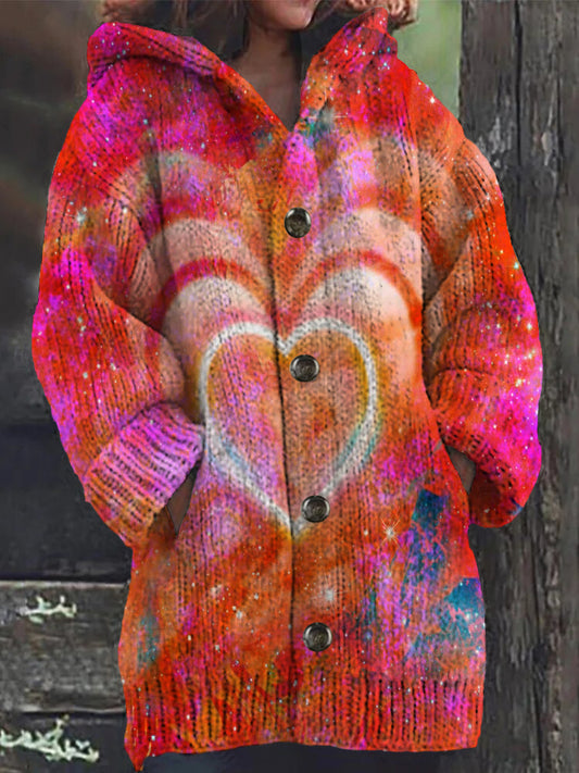 Retro Love Heart Pattern Print Women's Button Thick Long Hooded Cardigan Outwear