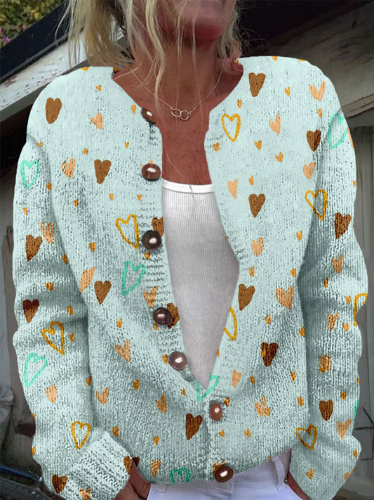 Retro Heart Pattern Printed Casual Long Sleeve Knit Cardigan