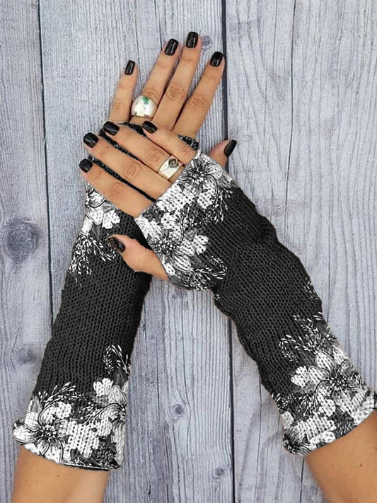 Women's Floral Print Knitted Gloves