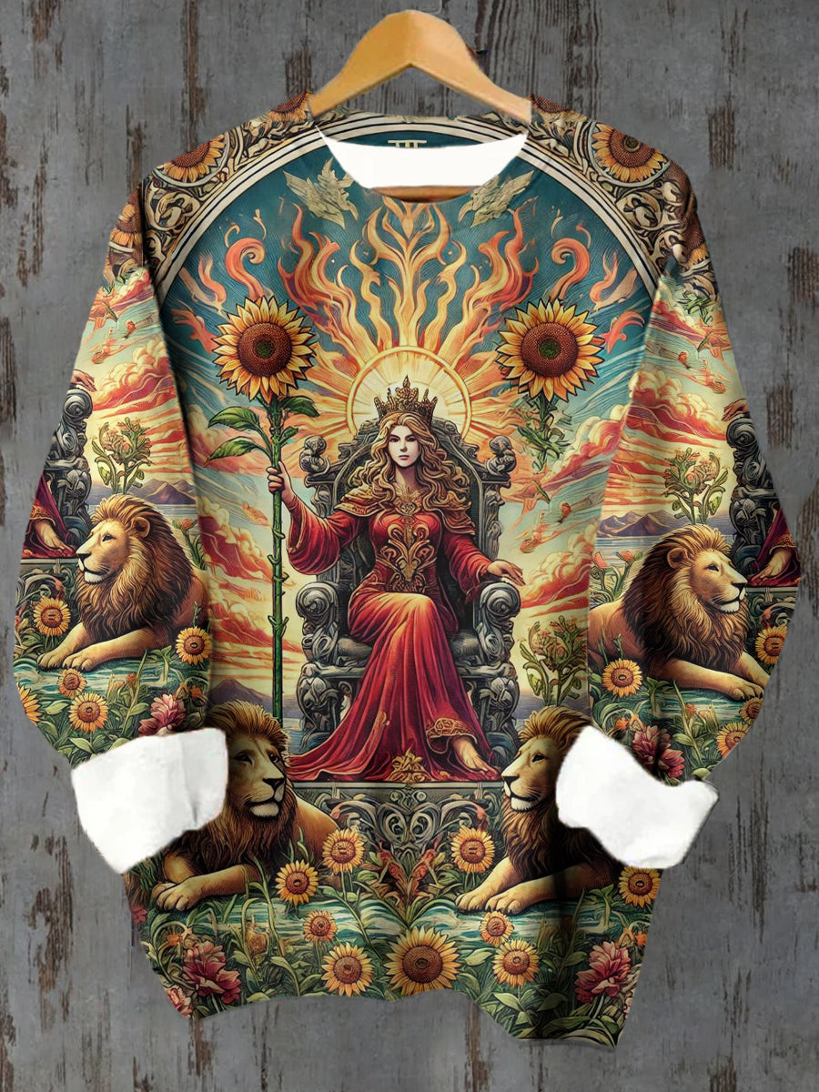 Unisex Tarot Queen Of Wands Pattern Casual Round Neck Long-Sleeved Sweatshirt