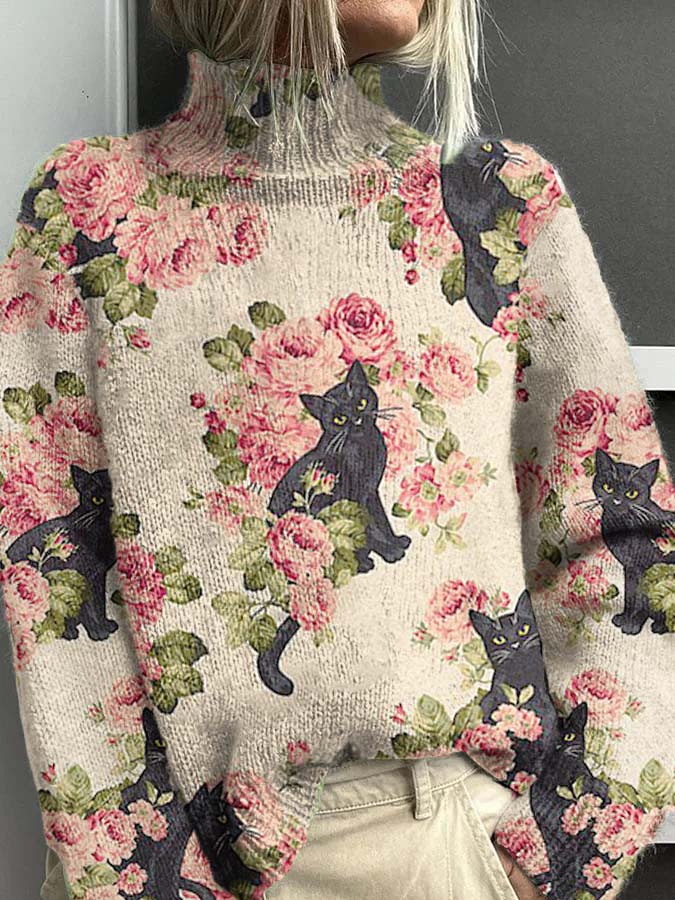 Women's Cat Floral Pattern Warm Casual Turtleneck Sweater