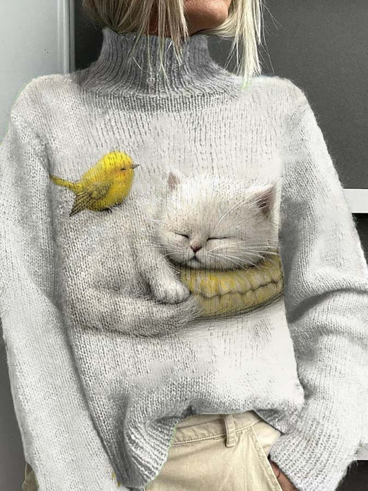 Women's Cute Cat Bird Pattern Warm Casual Turtleneck Sweater