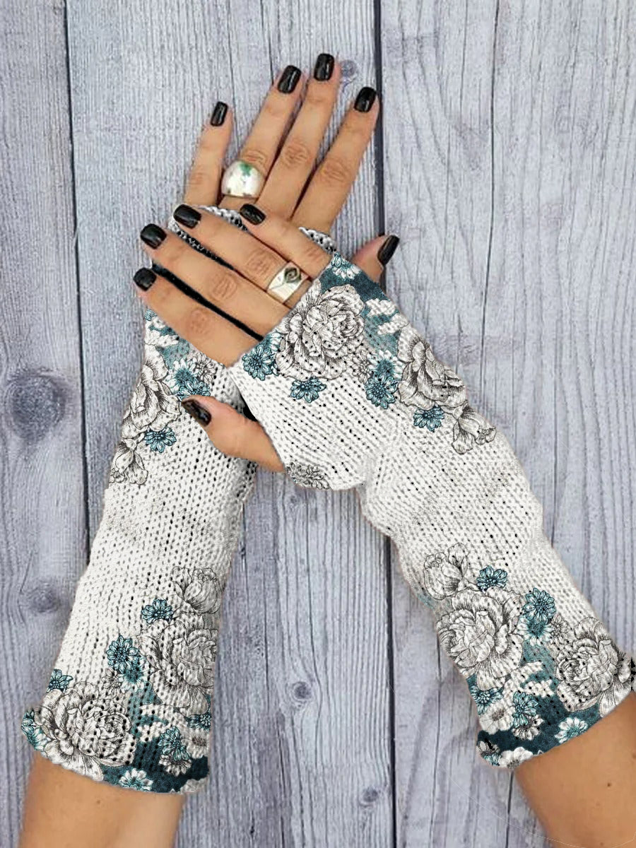 Women's Vintage Floral Print Knitted Gloves