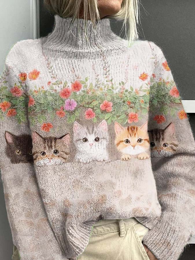 Women's Cat Flower Pattern Warm Casual Turtleneck Sweater