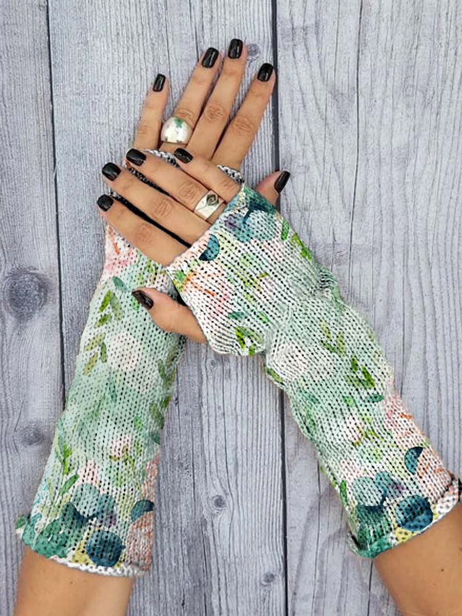 Women's Vintage Floral Print Knitted Gloves