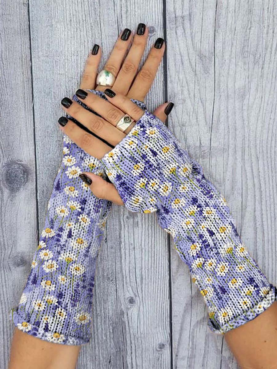 Women's Daisy Lavender Floral Print Knitted Gloves