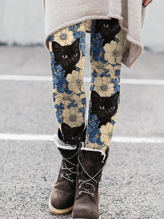 Women's Floral Black Cat Pattern Casual Fleece Leggings