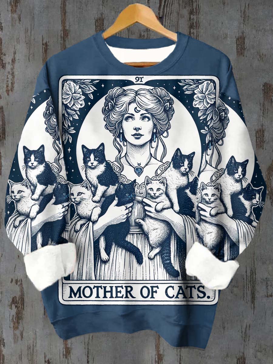 Unisex Cat Animal Tarot Card Pattern Casual Crew Neck Sweatshirt