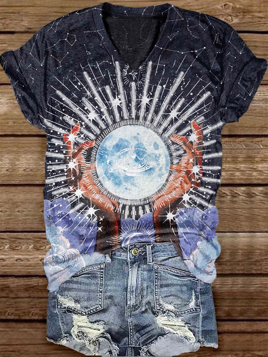 Unisex Tarot Sun And Moon Eye Pattern Casual Round Neck Short Sleeve T-Shirt