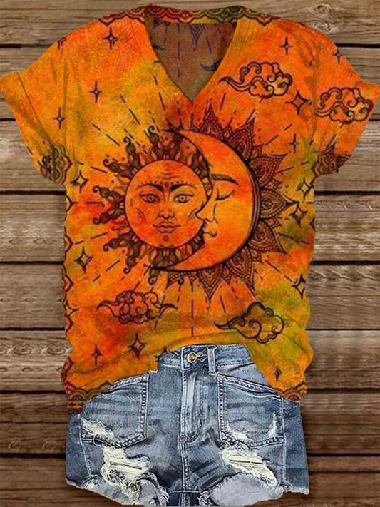 Unisex Tarot Sun and Moon Pattern Casual Round Neck Short Sleeve T-shirt